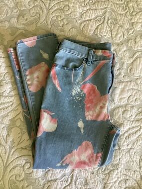 Chico's Floral Jeans in Pink on Blue Denim